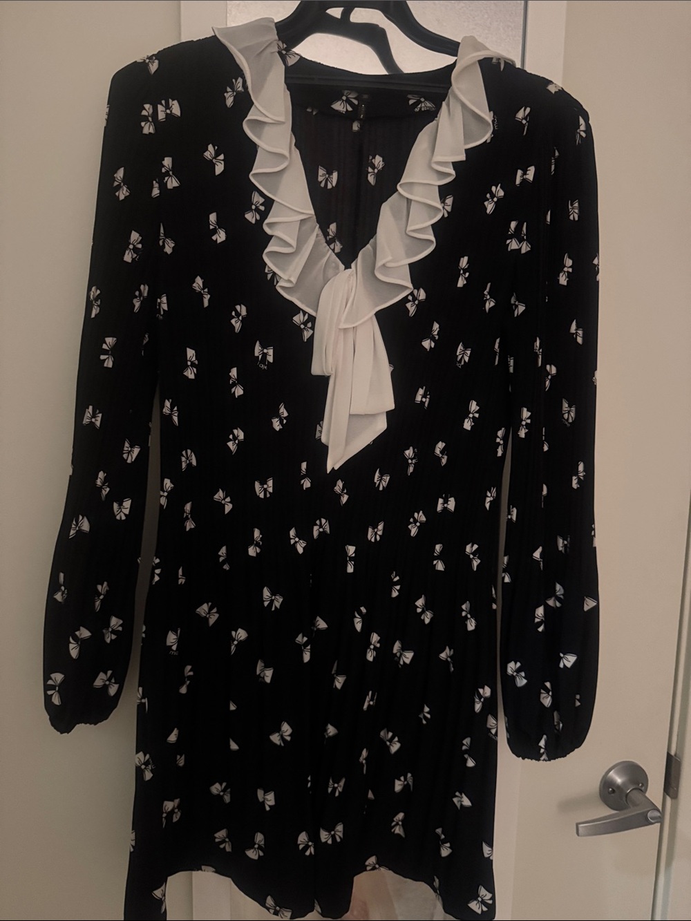 Maje Black Mini Dress with White Bow Print and Ruffle V-Neck